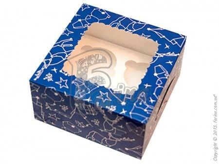 Коробка на 4 кекса с окном  Зимняя синяя 170х170х90мм< фото цена