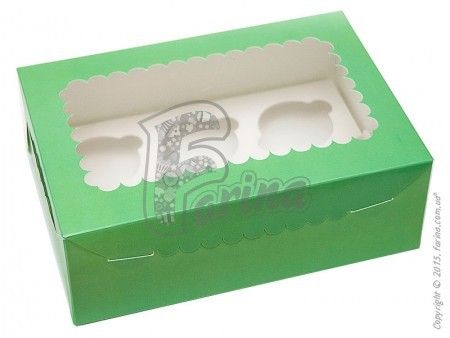 Коробка на  6 кексов, капкейков, маффинов с прозрачным окном мятная 255x90x180мм< фото цена