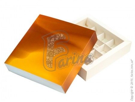 Коробка для 16 конфет с ложементом ЗОЛОТО 185*185*42 мм< фото цена