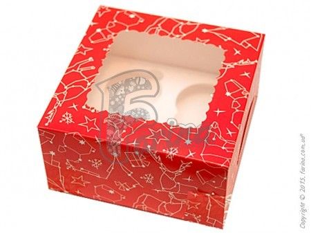 Коробка на 4 кекса с окном Зимняя красная 170х170х90мм< фото цена